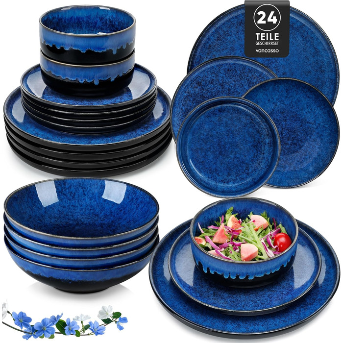 Vancasso Starry 24-Piece Blue Stoneware Dinnerware Set for 6 - Complete Tableware Set with Plates, Bowls
