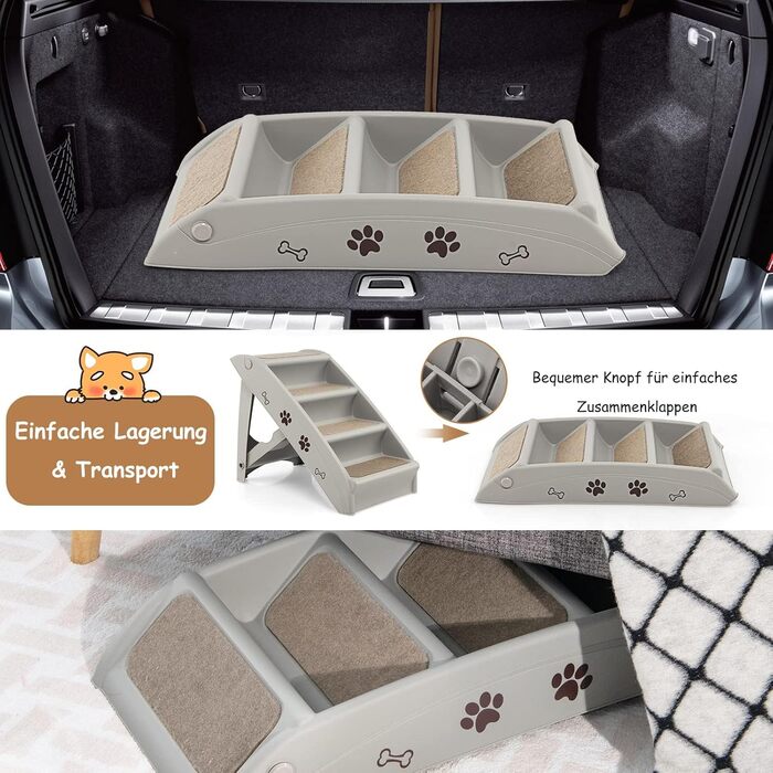 Сходинки для домашніх тварин GYMAX з 4 сходинками, складані, з пластику, з неслизькими підкладками, 4 килимками та трикутною структурою, для котів та собак (сірий)