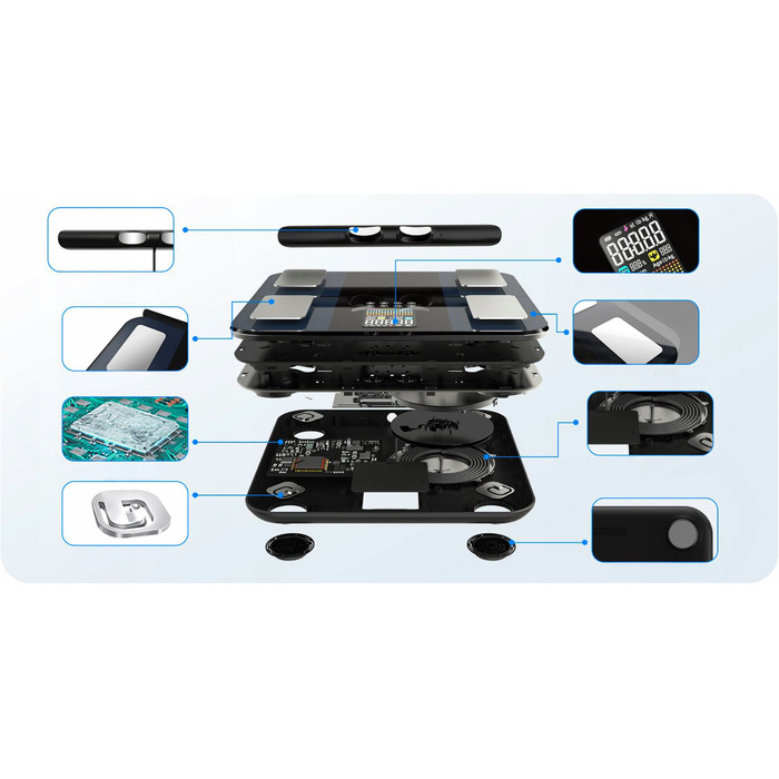 Аналітичні ваги для ванної кімнати, 8 електродів, білі — Визначення складу тіла, Bluetooth, Додаток, до 180 кг