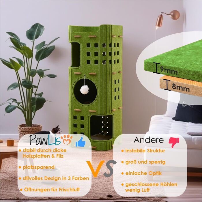 Котяча кігтеточка преміум-класу з 4 ярусами та 3 будиночками, філц, 90 см, зелена