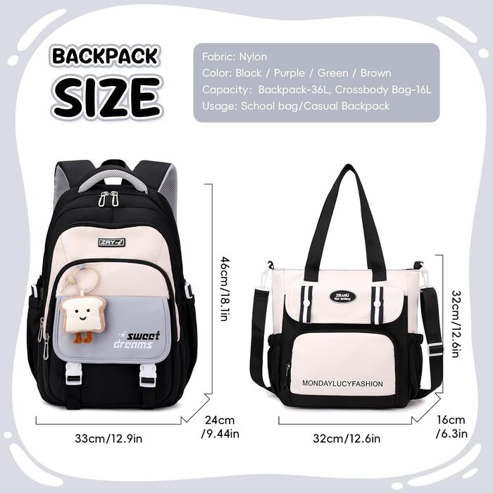 Шкільний рюкзак для дівчаток (3-7 клас), 36L, з сумкою через плече, чорний