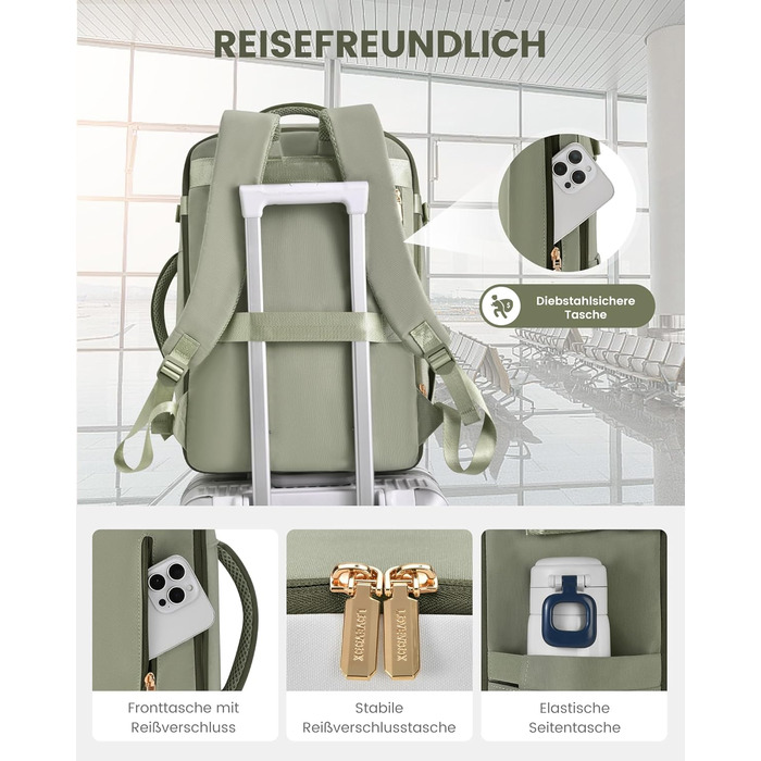 Рюкзак LOVEVOOK 40L для ручної поклажі, 17.3 дюйми, розширюваний, для подорожей та бізнесу (40x30x20cm, зелено-бежевий)