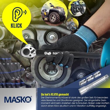 Набір динамометричних ключів MASKO 6 шт, 40-210 Нм, 1/2'' з насадками 17/19/21 мм, подовжувачем 125 мм, рукавицями, кейсом, для авто, чорний