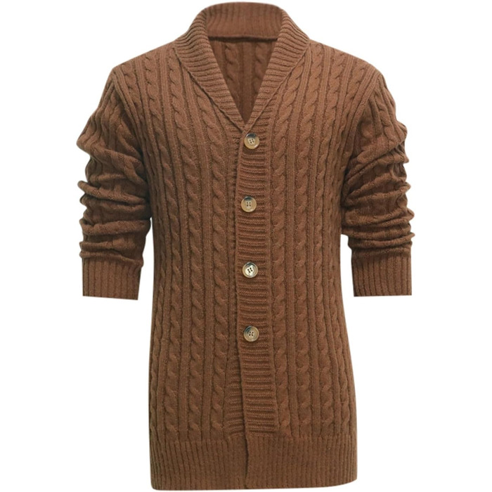 Кардиган чоловічий в'язаний з ґудзиками - зимовий кардиган для чоловіків, теплий світшот, куртка з косими візерунками, грубий в'язаний пуловер, стильний чоловічий кардиган, жакет для осені (01 Коричневий, XL)
