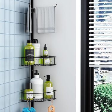Bomclap Telescopic Shower Shelf with 4 Baskets and 1 Towel Holder, Shower Shelf No Drilling Required, Height Adjustable 149-276cm for Shower and Bathtub, Black