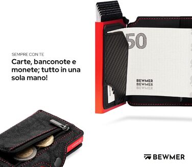 Гаманець-картхолдер BEWMER з RFID-захистом, карбоновим затискачем для грошей та застібкою на блискавці (Чорний/Червоний)