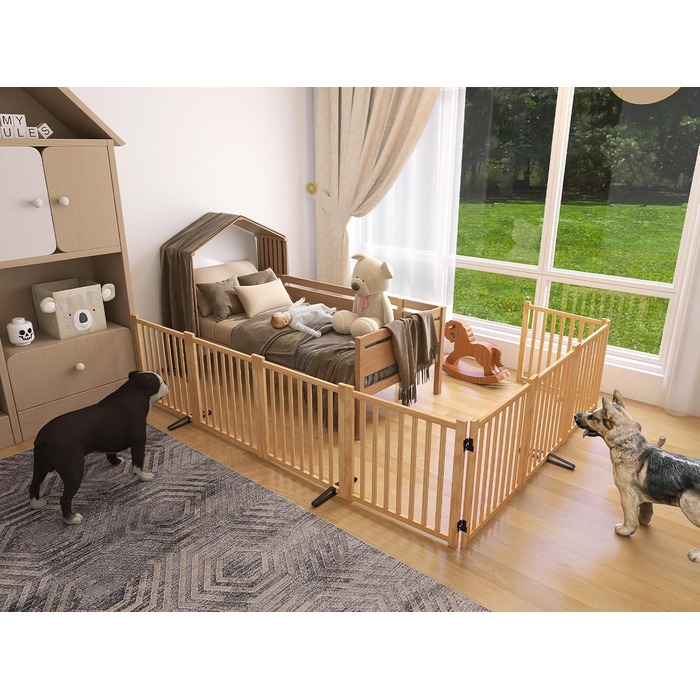 Двері для собак з дерева, розкладні, для кухні, коридору, вітальні, на сходи, кутова установка, підходять для собак малих та середніх порід, дерев'яного кольору, 2P 58см, загородження для собак (858)