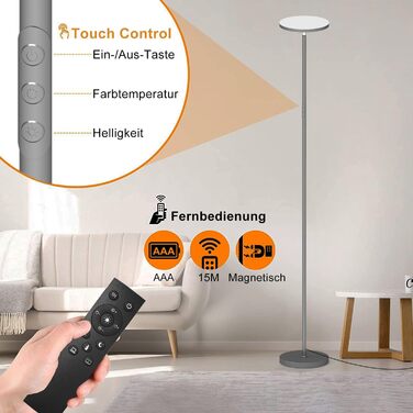 Стеляна LED-лампа Stehlampe для вітальні, 4200LM з регулюванням яскравості, пультом та сенсорним керуванням, 36W, сірий колір