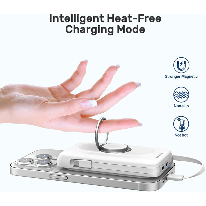 Power Bank 5-в-1 з 2 кабелями, 10000 mAh, магнітна бездротова батарея з кріпленням та підставкою, швидка зарядка, зовнішній акумулятор для iPhone 16/15/14/13, iWatch, подорожі, кемпінг, на вулицю