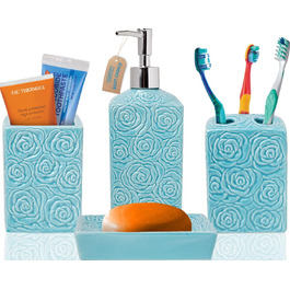 Designer 4-Piece Bathroom Accessory Set - Ceramic Bathroom Set with Liquid Soap or Lotion Dispenser, Toothbrush Holder, Cup, and Soap Dish - Decorative Set with Embossed Details - Vanity Accessory
