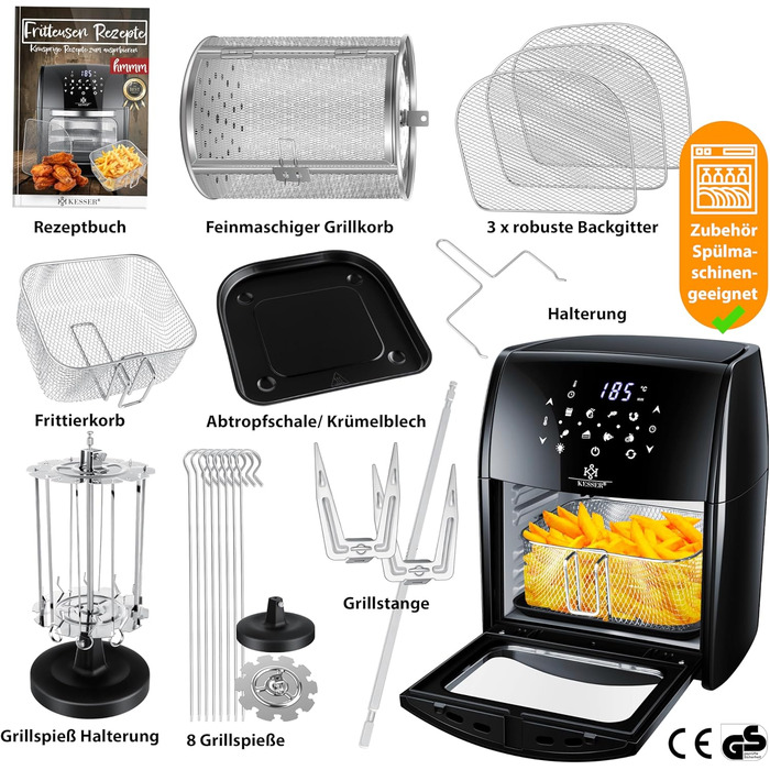 Фритюрниця KESSER® XXL Airfryer 9в1 з грилем, дегідратором та аксесуарами | 1800 Вт, чорний