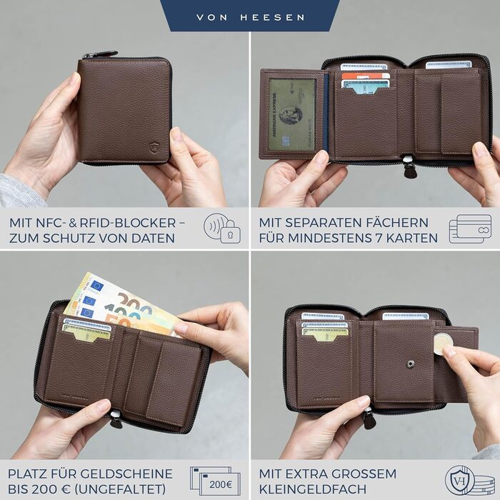Гаманець VON HEESEN з натуральної шкіри з RFID-захистом, коричневий, для чоловіків і жінок, з монетницею