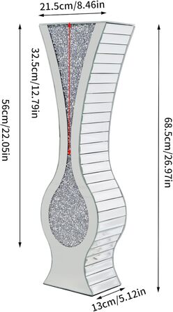 Ваза для квітів велика 68 см, підлогова ваза: срібна ваза з кристалами для пампас трави, скляна ваза з дзеркальним покриттям, декоративна ваза з блискітками для вітальні, декор інтер'єру – не для води (21.5L x 13B x 68.5H cm)