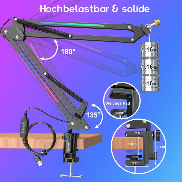 Кріплення для мікрофона ZealSound: регульований кронштейн для HyperX QuadCast/Blue Yeti та ручного мікрофона, з надійною підставкою та адаптером 3/8' - 5/8' – подарунок для геймерів та YouTube-блогерів