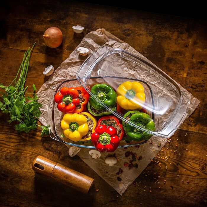 Форма для запікання KADAX 5л зі склокераміки з кришкою та ручками – прямокутна, жароміцна посудина для тушкування та випікання, ідеальна для лазаньї, м'ясних страв, підходить для духовки та електроплити 5л