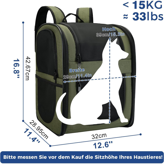 Рюкзак для собак та котів Apollo Walker - зручний та дихаючий рюкзак-переноска для малих тварин (2-15 кг), армійний колір