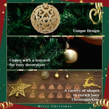 Набір прикрас для ялинки 141 шт., кульки для ялинки з пластику, матові, глянцеві, з блискітками, з вирізаним візерунком, ялинковий декор для дому та вулиці (золотий)