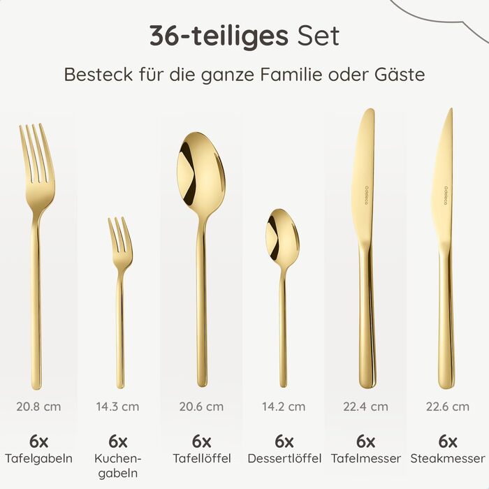 Набір столових приборів на 6 осіб, 36 предметів, нержавіюча сталь 18/0, золотистий, для ресторану та дому
