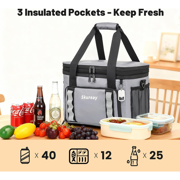 Велика розширювана сумка-холодильник з м'якого матеріалу, двоярусна ланч-сумка для жінок та чоловіків, вміщує 40 банок, вологостійка та портативна – ідеально для пляжу, кемпінгу, подорожей (Сірий)