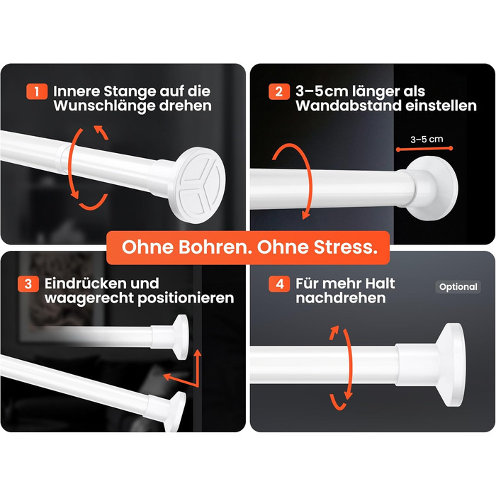 Штанга для душу без свердління 160-210 см, срібна, Ø 25 мм, телескопічна, з кріпленнями - для ванної, душової кабіни та перегородки (70-120 см, біла)