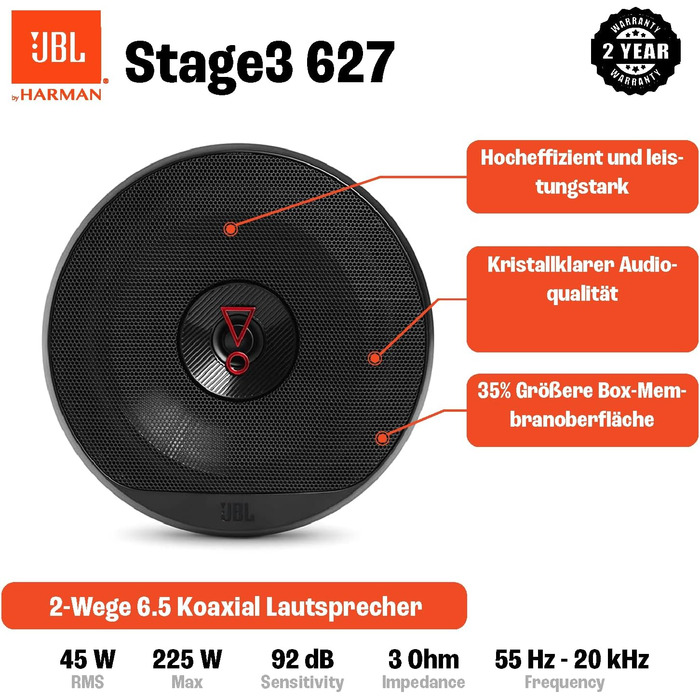 Автомобільні динаміки JBL Stage3 627 від Harman Kardon, 2-смугові, 225 Вт, 16-17 см, чорні