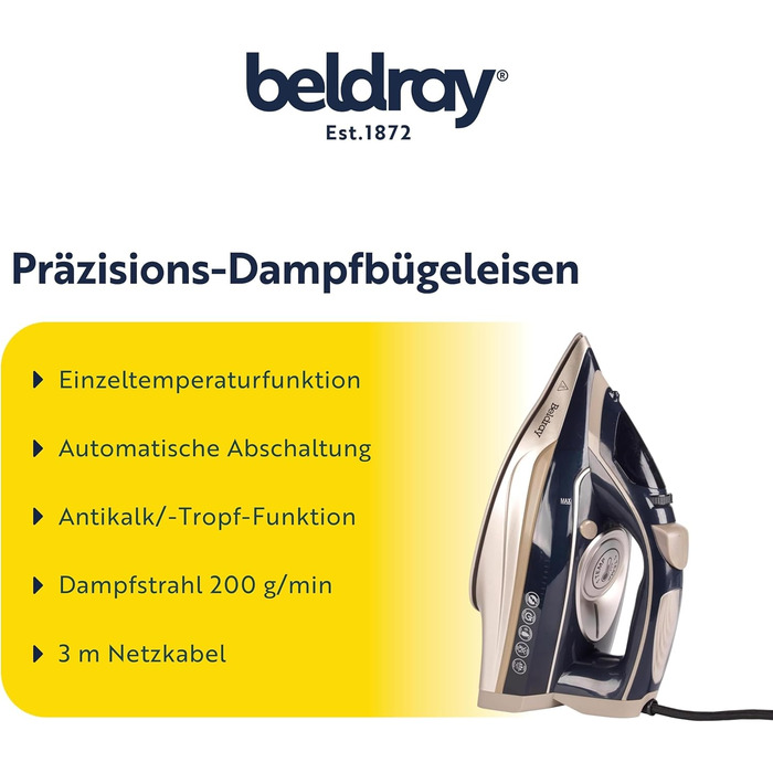 Праска Beldray BEL01847VDE з прецизійною керамічною підошвою, регулюванням температури та подачі пари, автоматичним вимкненням, 320 мл, 200 г/хв, 3 м кабель, EU штекер