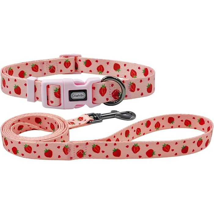 Нашийник та поводок для собак Комбі-ет, леопардовий принт, поліестер, 150 см, повід з панде, для маленьких собак (колір коричневий леопард), набір з сердечками та клубникою (M)