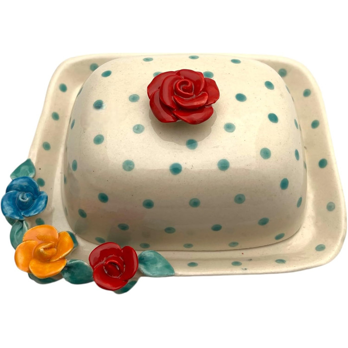 Ceramic butter dish with lid, colorful, hand-painted (dotted red rose)