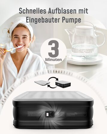 Надувне ліжко Airefina на 2 особи з самонадувною системою та вбудованим насосом, для кемпінгу та дому, міцне гостьове ліжко 203 x 152 x 46 см