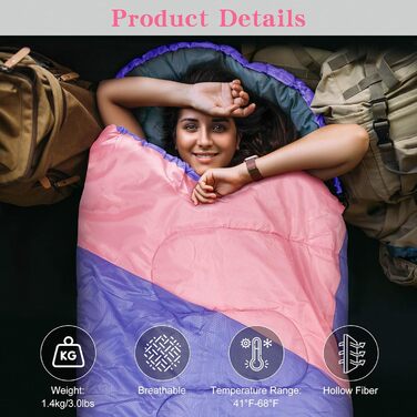 Yarmiene 3-4 Season Sleeping Bag - Warm & Rectangular for Adults & Kids - Outdoor, Camping & Hiking - Purple & Pink