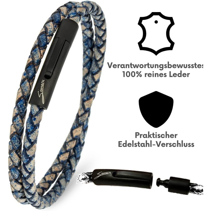 Преміум шкіряний браслет ручної роботи з Німеччини, унісекс (S - до 16 см, блакитний)