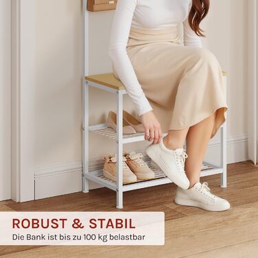 WOLTU Coat Rack Clothes Rack Laundry Rack Shoe Shelf with Seat, with 7 Hooks, Wood and Steel, Hanging Shelf, Black Vintage (Light Oak + White)