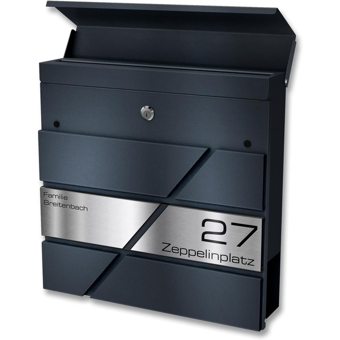 Поштова скринька Metzler персоналізована з гравіюванням, нержавіюча сталь, відділення для газет, замок, вологостійка, антрацит RAL 7016, настінний монтаж 37x37x10.5 см
