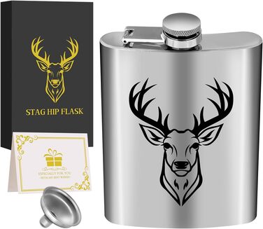 Фляга туристична 237мл з нержавіючої сталі, з воронкою та листівкою, чорна, з візерунком голови оленя, для кемпінгу, піших прогулянок та активного відпочинку