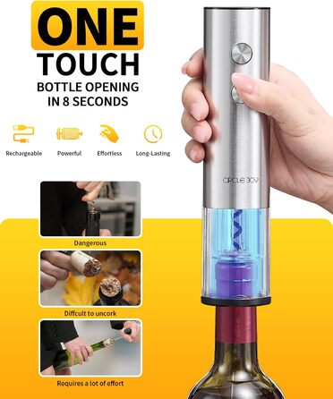 Електричний відкривачка вин CIRCLE JOY 6-в-1 з зарядною станцією, комплект з нержавіючої сталі, з обрізачем фольги, аератором та 2 вакуумними закривачами