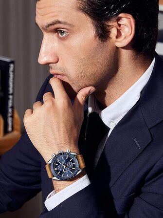 Годинник чоловічий Benyar Chronograph з кварцовим механізмом, аналоговий, з шкіряним ремінцем. Стильний дизайн для бізнесу, спорту та повсякденного носіння. Водостійкий (30M). Елегантний подарунок для чоловіків. Колір: блакитний