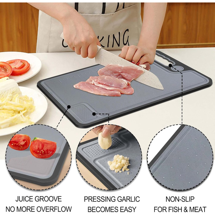Cutting Board Set, Plastic Cutting Boards with Juice Grooves and Non-Slip Feet, Easy-Grip Handles, BPA-Free, Non-Porous, Kitchen Cutting Boards for Meat, Vegetables, Fruit, Seafood (3-Pack)