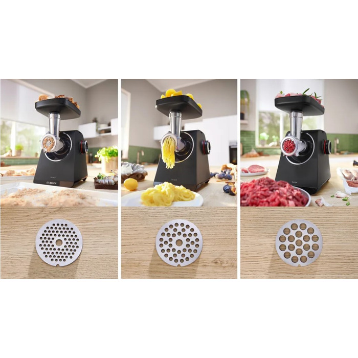 М'ясорубка Bosch MFWS440B: 3 диски, 4 тертки та насадка-наштовхувач