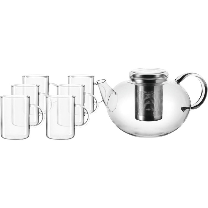 Leonardo Teekanne Moon, 1.2 l, heat-resistant glass, removable lid and stainless steel infuser, handmade, 070400 (Teapot 2 l + Cups)