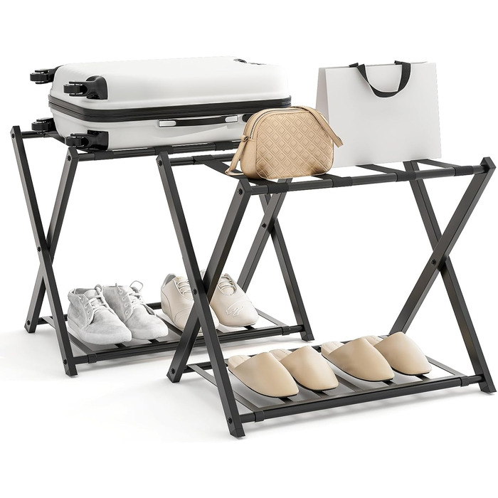 GIANTEX Folding Luggage Rack, 2-Tier, 68 x 43 x 58 cm, Luggage Stand, Metal Luggage Rack, Space-Saving, Luggage Rack for Bedroom, Guest Room, Hotel, Black (2 Pieces, Black)