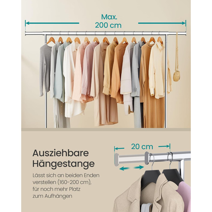 SONGMICS Clothes Rack on Wheels, Coat Rack, Heavy-Duty, Extendable Clothes Rod, Load Capacity up to 110 kg, 45 x (160-200) x 162.9 cm, Metal, Chrome, Silver HSR176E01