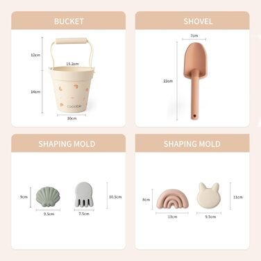 Coolable 6 PCS Beach Toys for Kids, Silicone Beach Toy Set, Includes Bucket, Shovel, and 4 Sand Molds for Boys and Girls (Rainbow)