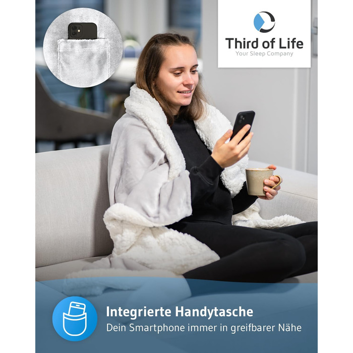 М'яка ковдра KAMI 150x200 см з кишенею для телефону та захистом від бруду - тепла плед для вітальні, дивану, ліжка (світло-сіра)