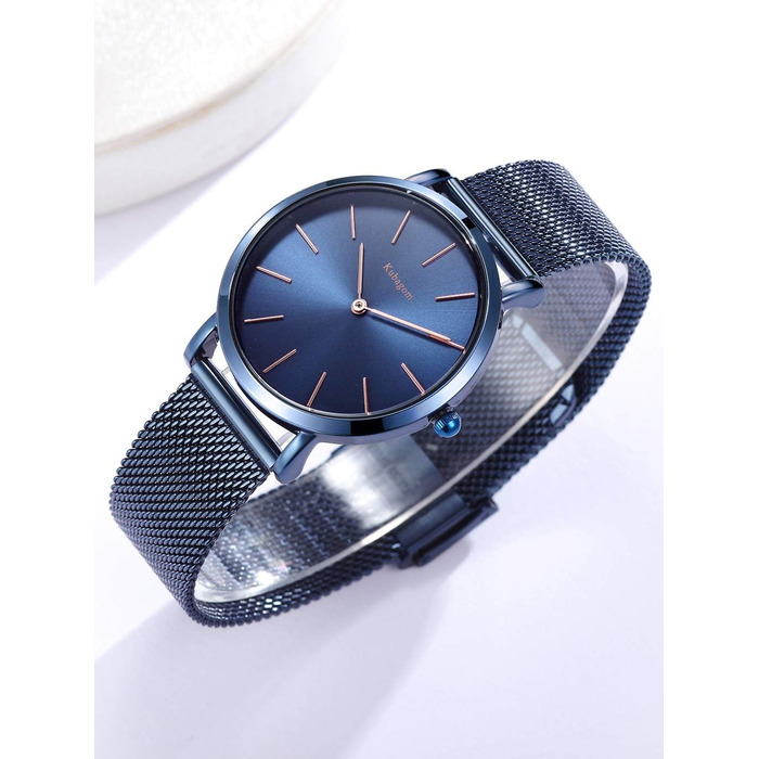 Жіночий годинник на аналоговому кварцовому механізмі з нержавіючої сталі, водостійкий, сітчатий ремінець, ультратонкий комплект з браслетом, блакитне покриття, блакитний ремінець, блакитний браслет