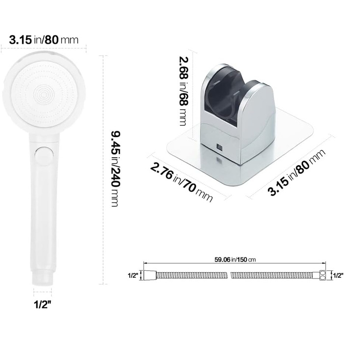 KAIYING Drill-Free High-Pressure Handheld Shower with ON/OFF Pause Switch, 3 Spray Modes, Water-Saving Shower Head, Detachable Puppy Shower Accessory (M: Shower Head + Holder + Hose) (White)
