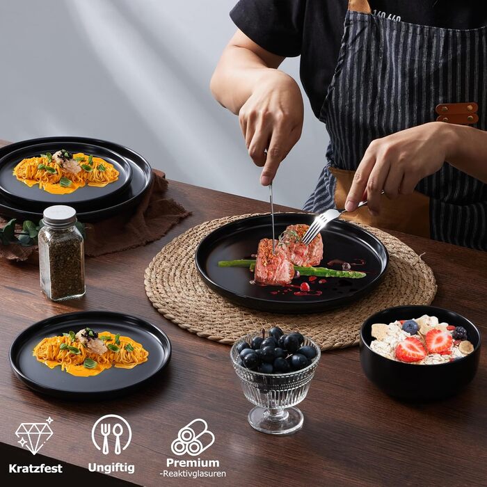 Набір посуду Onader на 6 осіб: 18-ти частинний сервіз з каменю, 6 тарілок, десертних тарілок, мисок, стійкий до миття в посудомийній машині та подряпин (Класичний чорний)