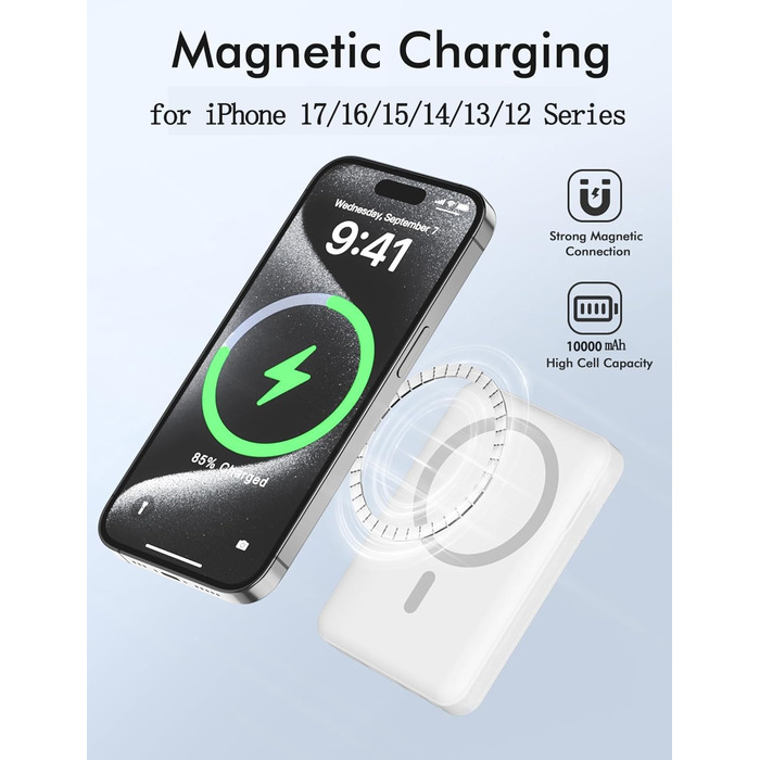Магнітний бездротовий Power Bank 10000mAh 20W з швидкою зарядкою для iPhone 17 16 15 14 13 12 Pro Max, iPad, Samsung Galaxy