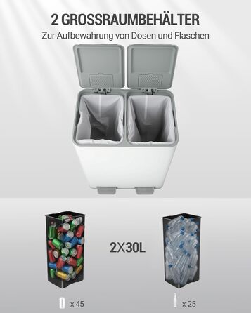 Відро для сміття з сортуванням 60 л, нержавіюча сталь, з педаллю, 2 відділення, SW06099E (біле)