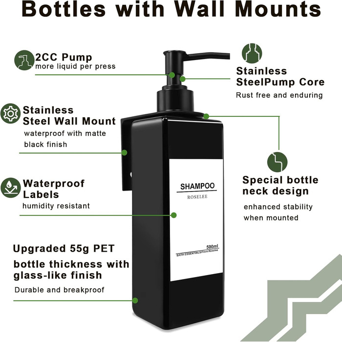 Набір з 3 дозатори для мила Roselee на стіну, 500 мл, без свердління, для душу, шампуню, ванни, чорний