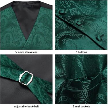 Костюмний комплект Enision для чоловіків: жилет, краватка та нагрудна хустинка з двобортною в'язкою жакард, темно-зелений (S)